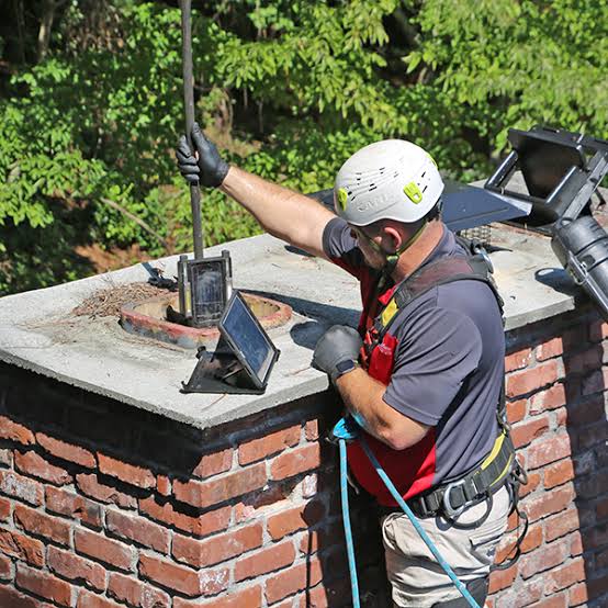 Technician in safety gear inspecting a brick chimney with a rod and monitor